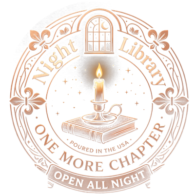 Night Library seal: a lit candle standing on a closed book beneath an arched window