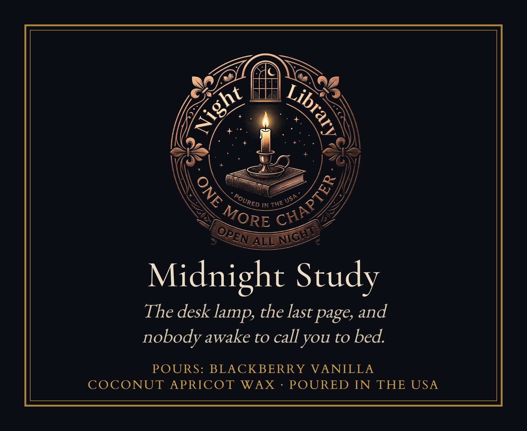 The Midnight Study bookplate: the seal, the name, the scene line and the Pours line