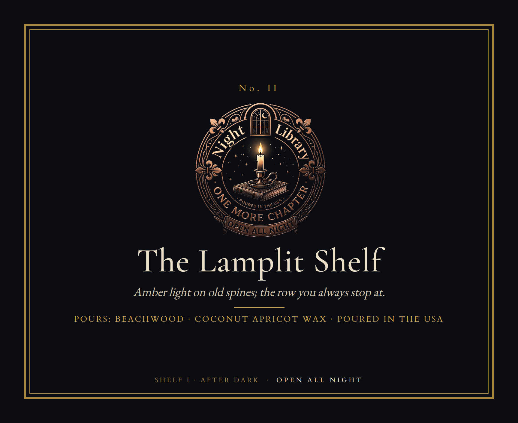 The The Lamplit Shelf bookplate: the seal, the name, the scene line and the Pours line