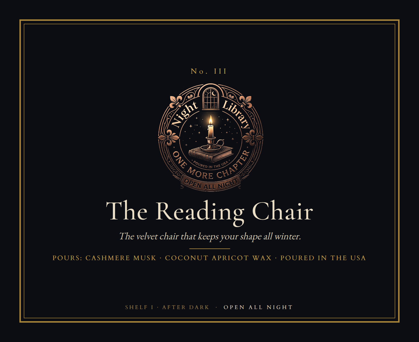 The The Reading Chair bookplate: the seal, the name, the scene line and the Pours line